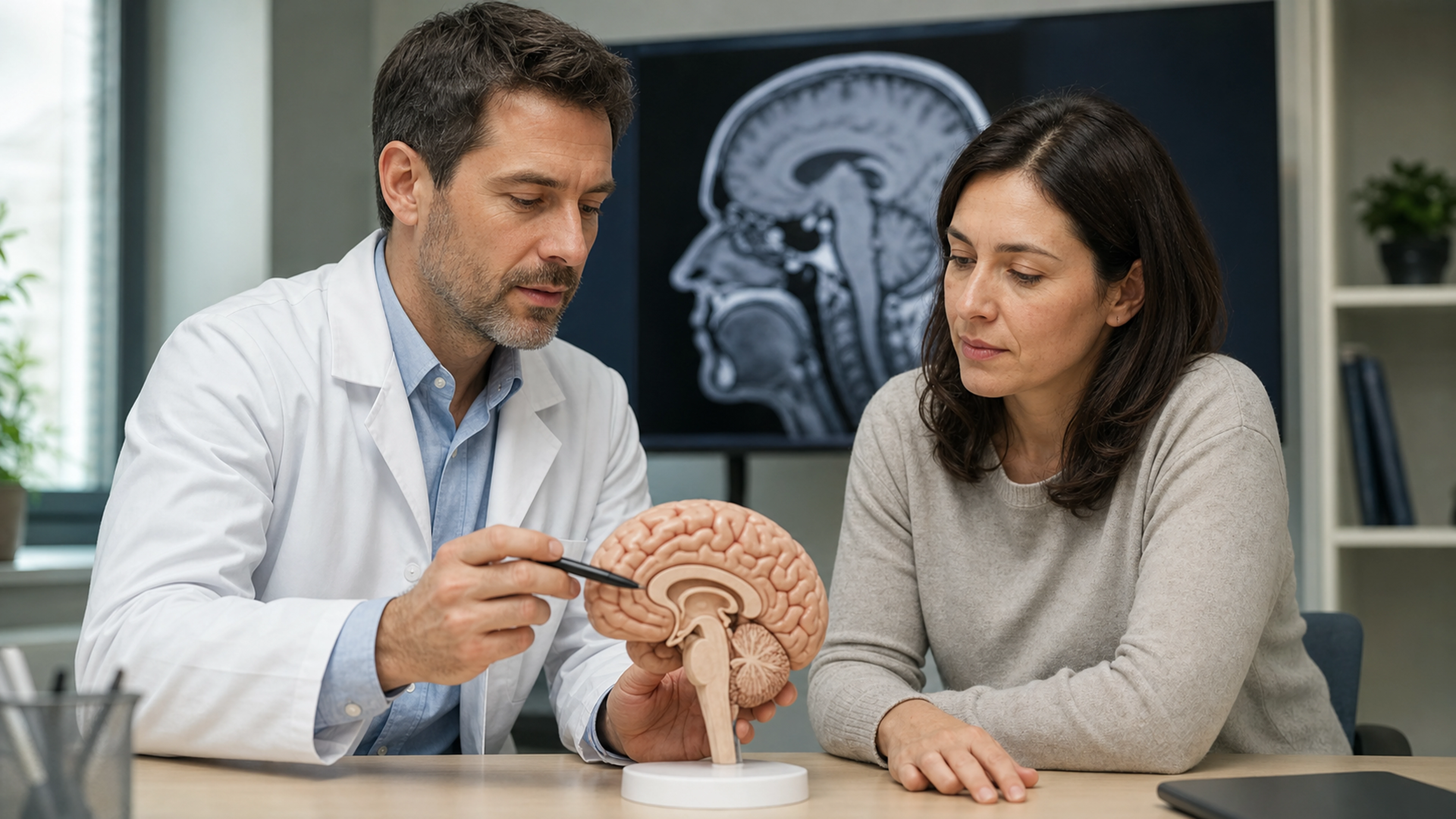 Un neurologue présente un modèle anatomique du cerveau à une patiente devant une image d’IRM.