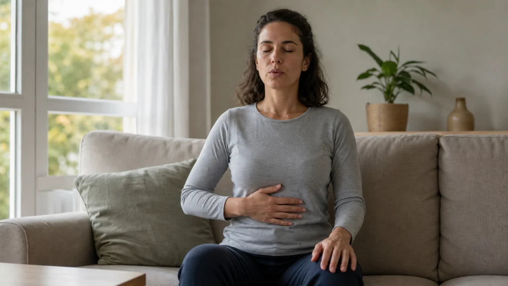 Femme assise pratiquant une respiration lente dans un salon lumineux