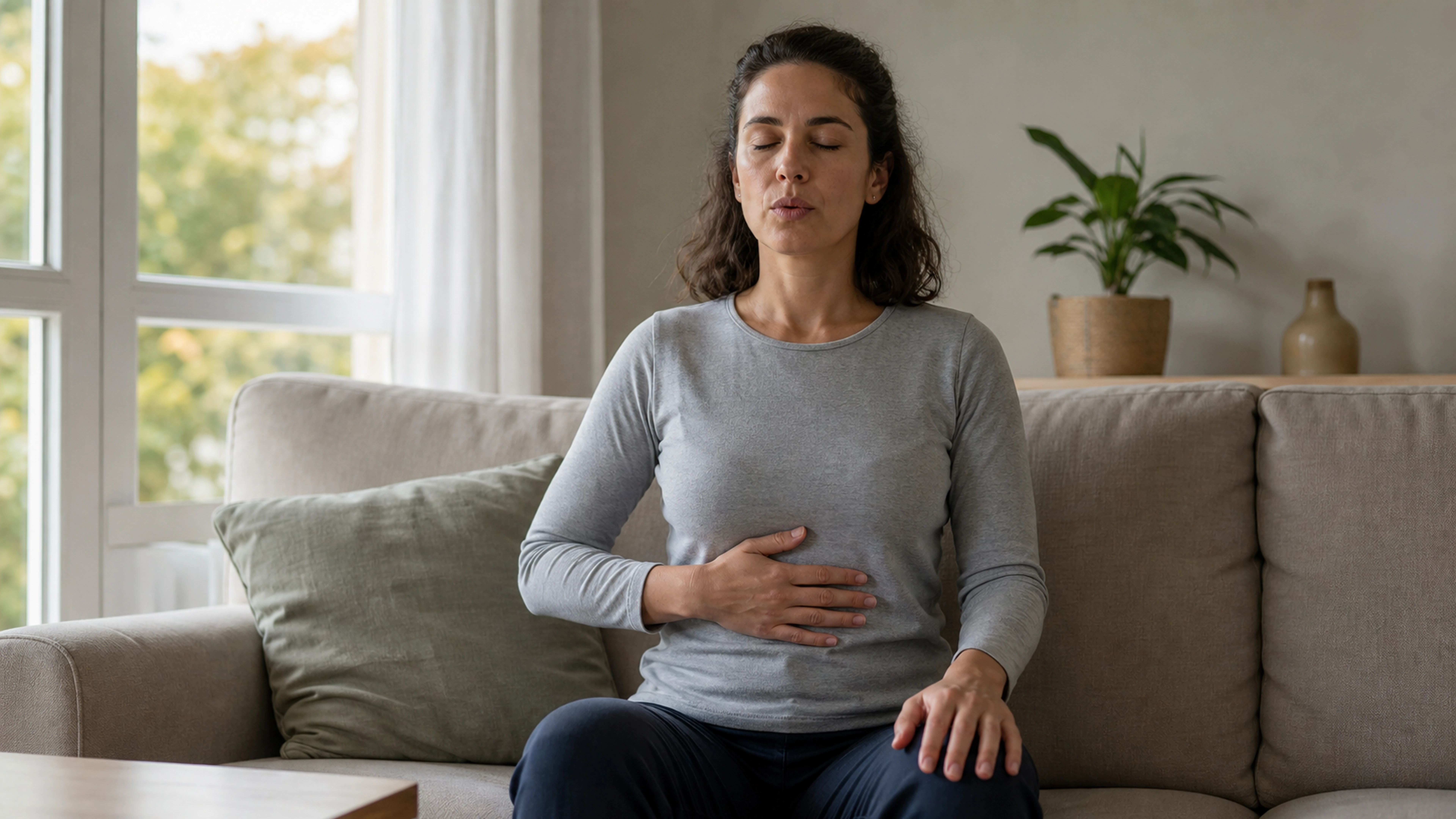 Femme assise pratiquant une respiration lente dans un salon lumineux