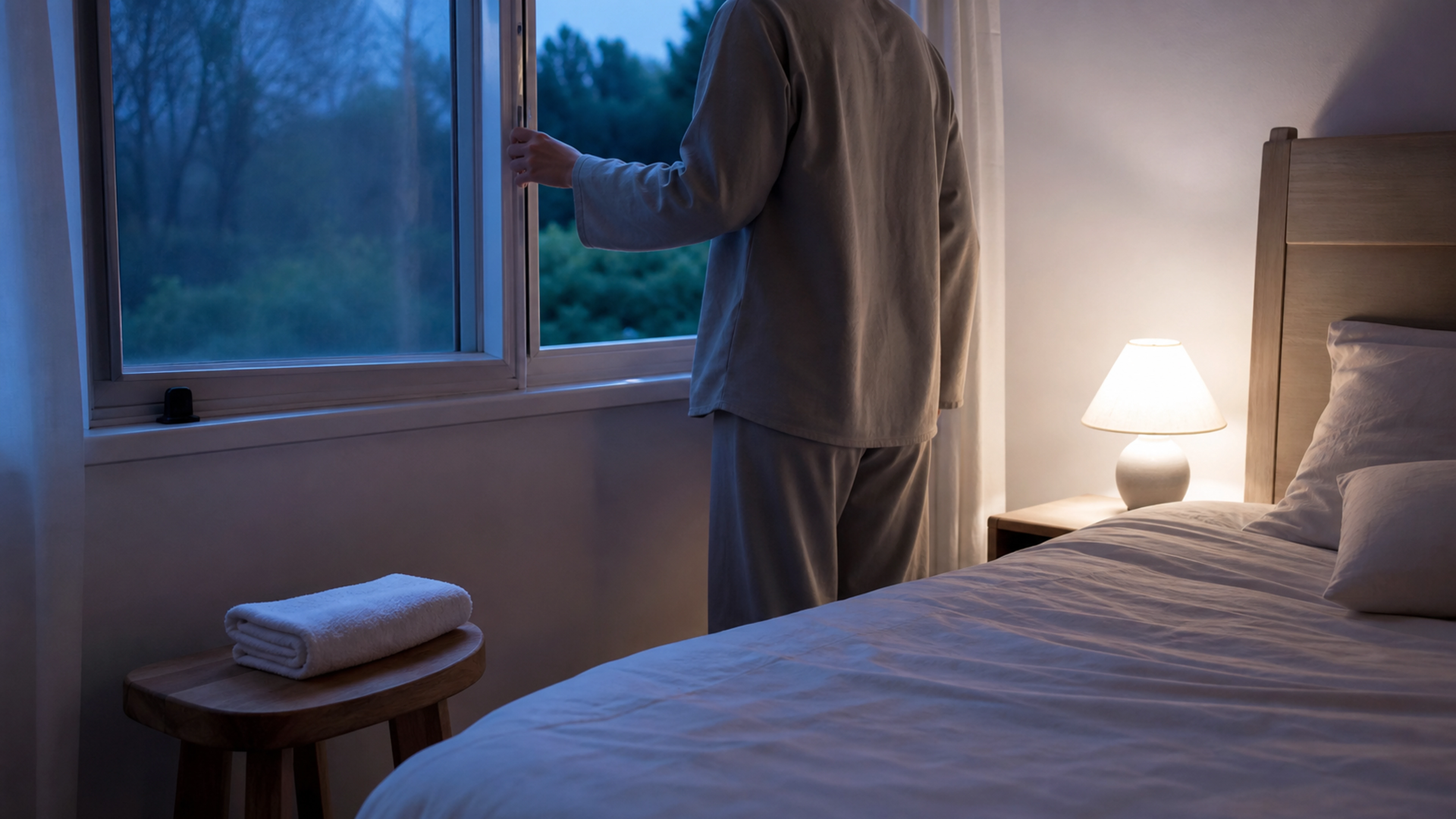 Adulte en pyjama de coton ouvrant la fenêtre d’une chambre fraîche avant la nuit