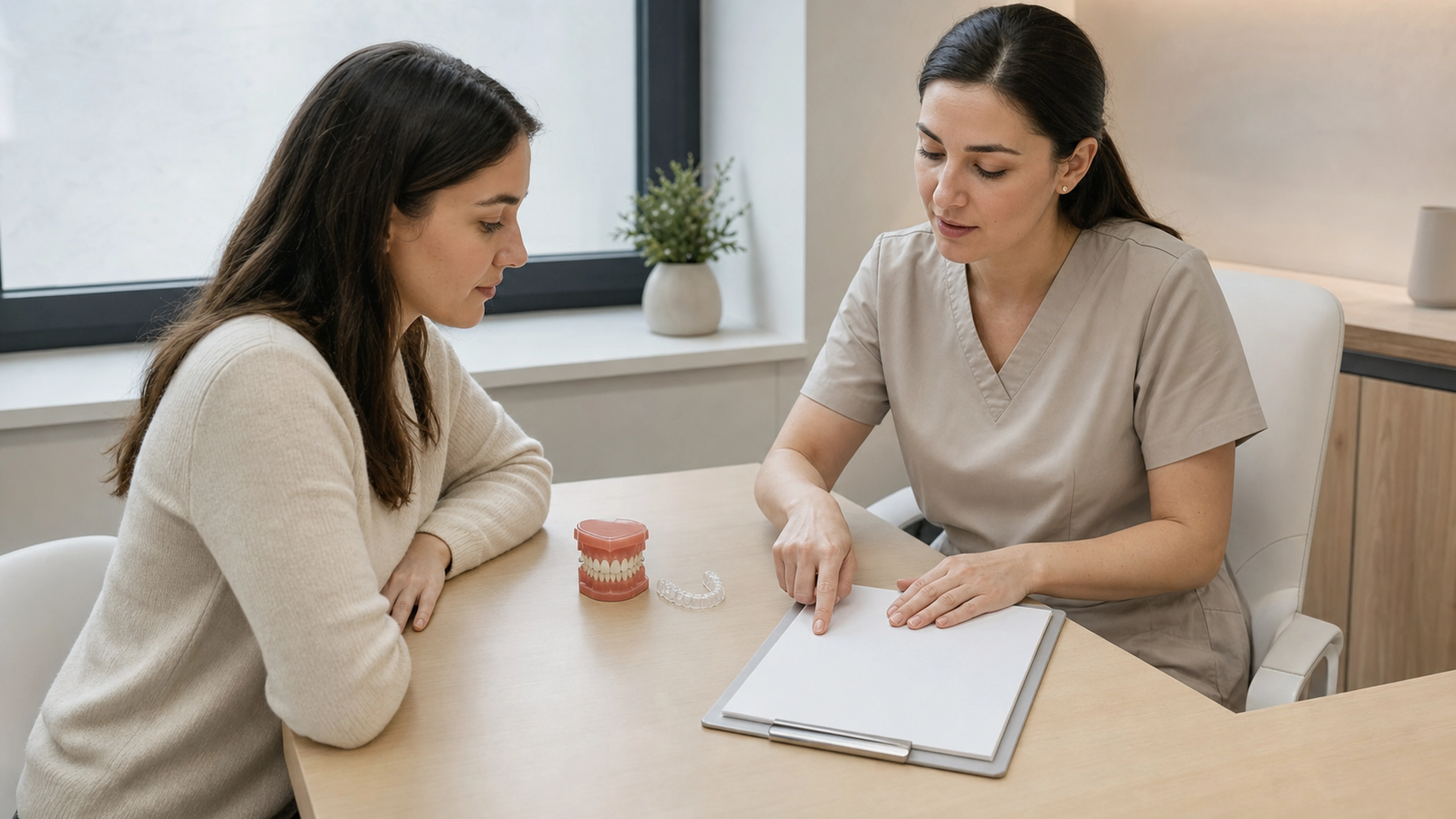 Une orthodontiste présente un modèle dentaire et une gouttière à une patiente lors d’une consultation.