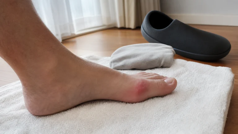 Pied adulte avec gros orteil légèrement rouge et gonflé reposant sur une serviette près d’une chaussure large