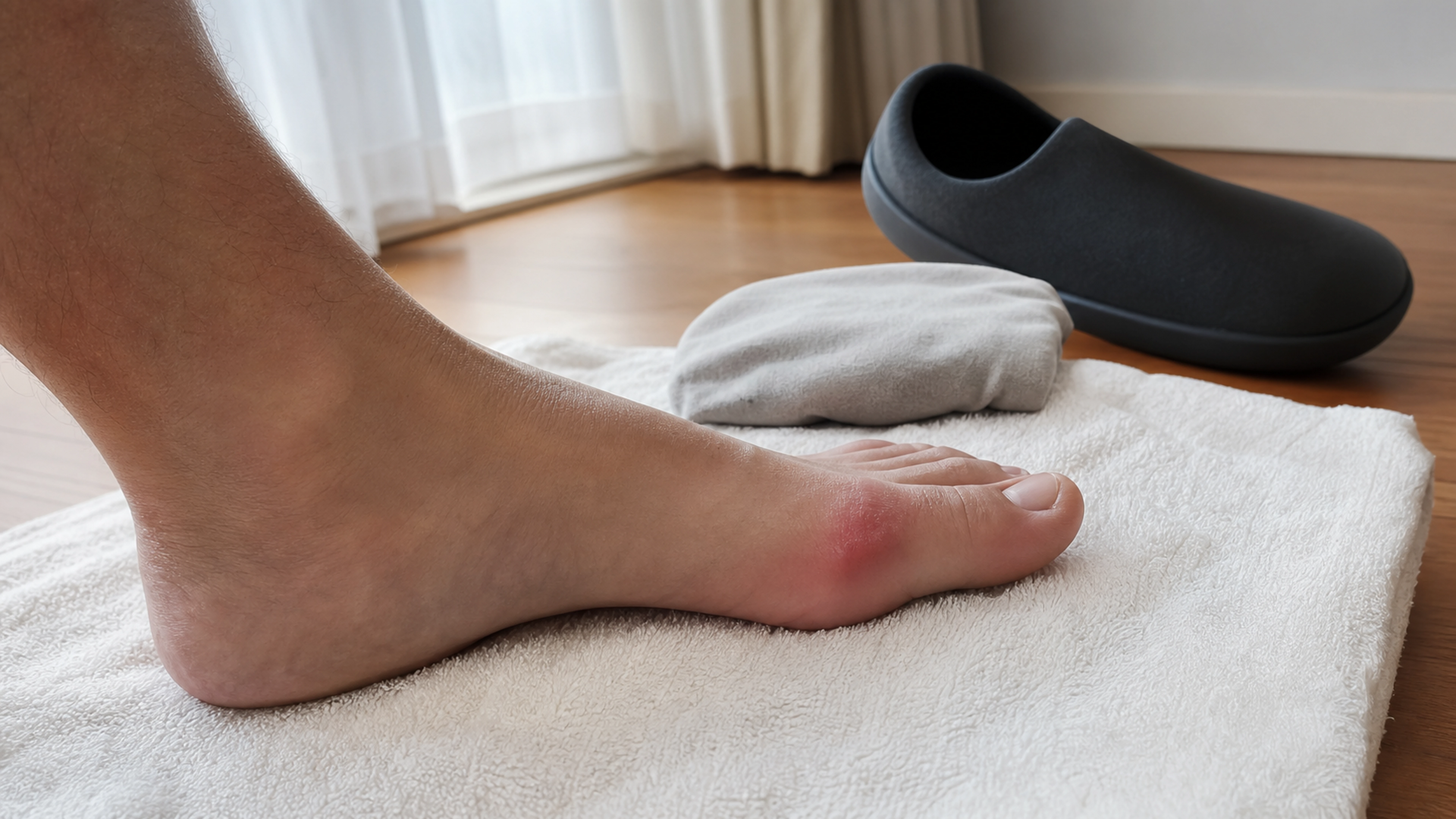 Pied adulte avec gros orteil légèrement rouge et gonflé reposant sur une serviette près d’une chaussure large