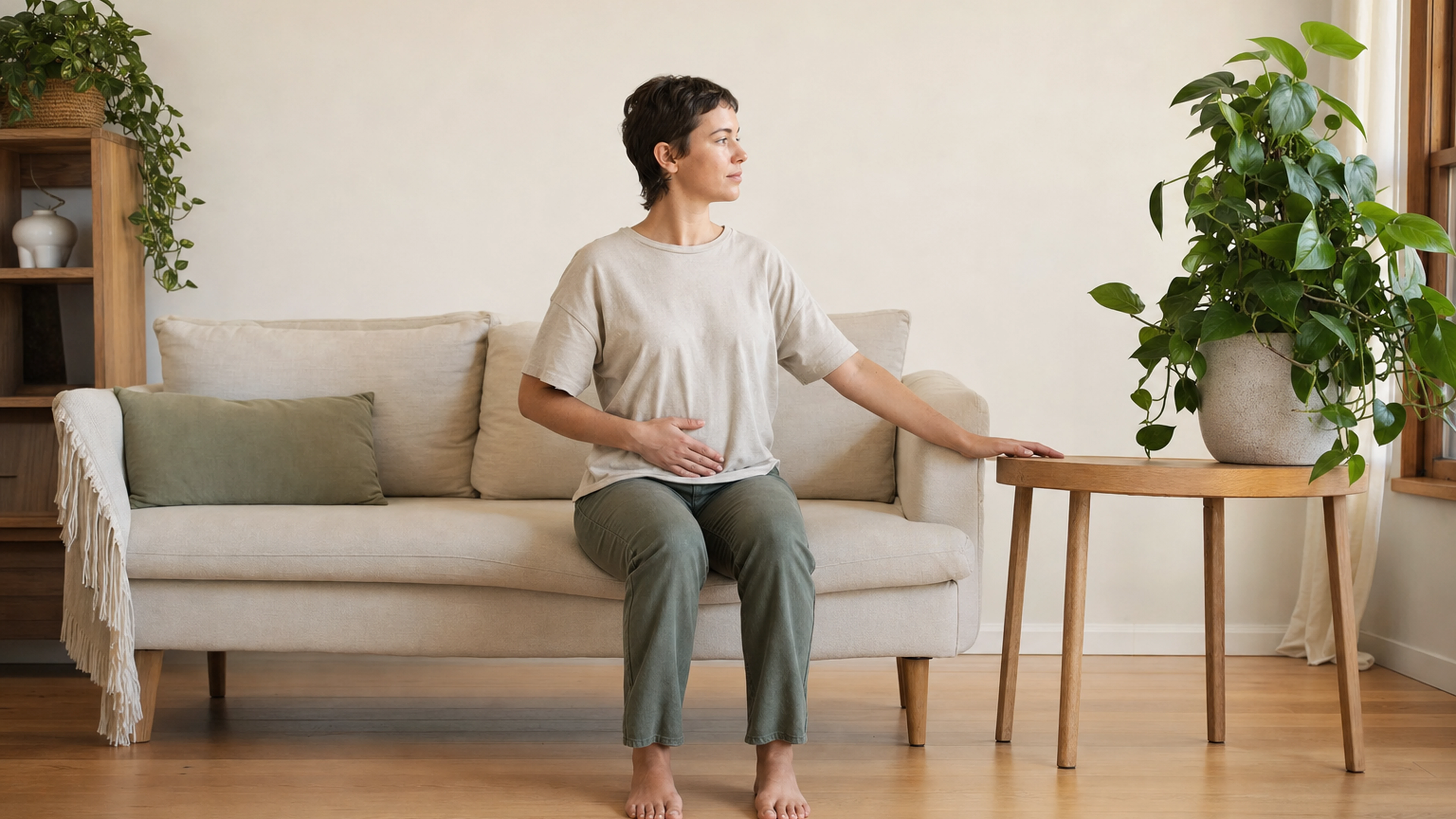 Personne assise dans un salon pratiquant un exercice d’ancrage et de respiration