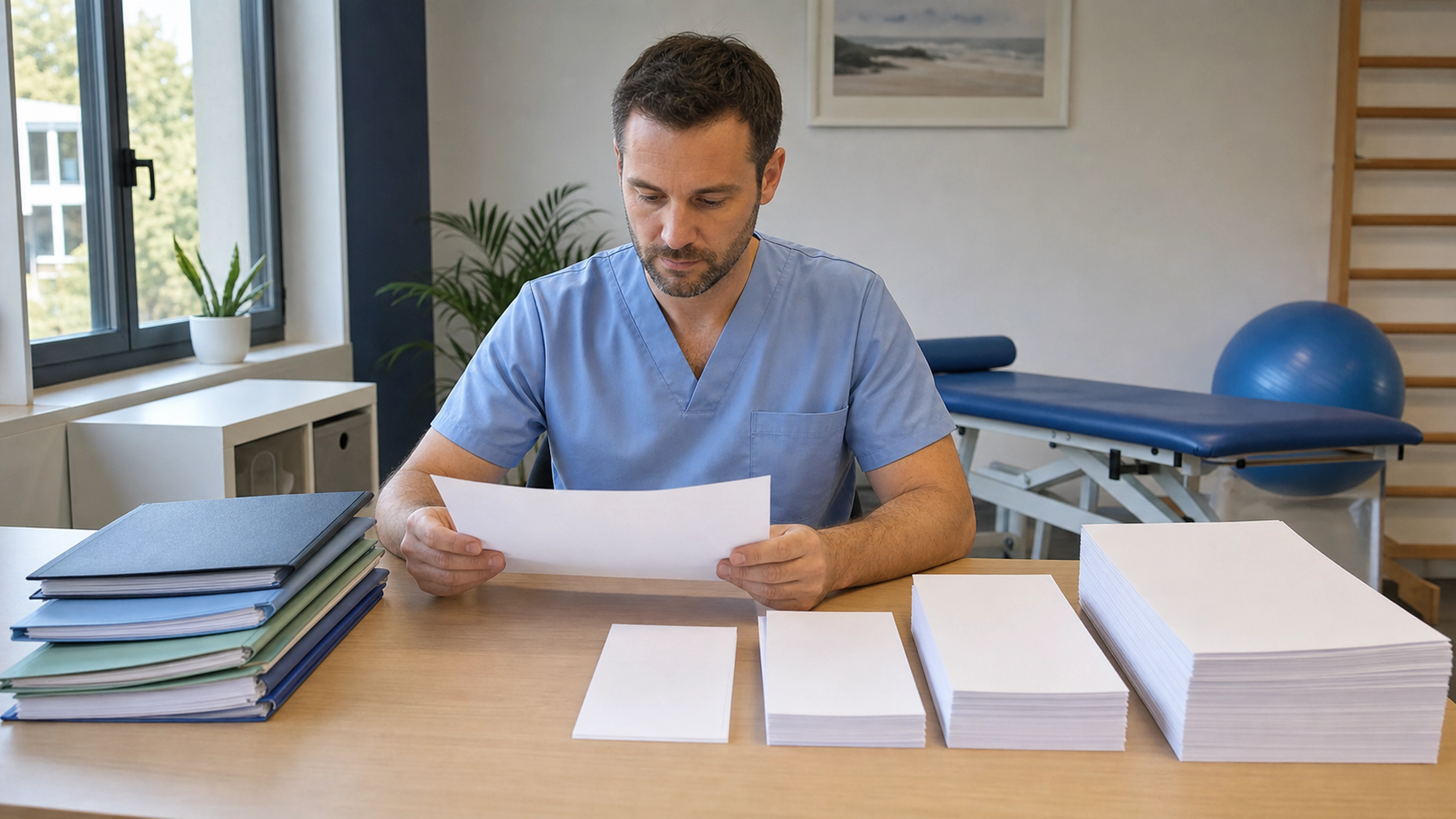 Kinésithérapeute en tenue professionnelle consultant des documents dans un cabinet de rééducation