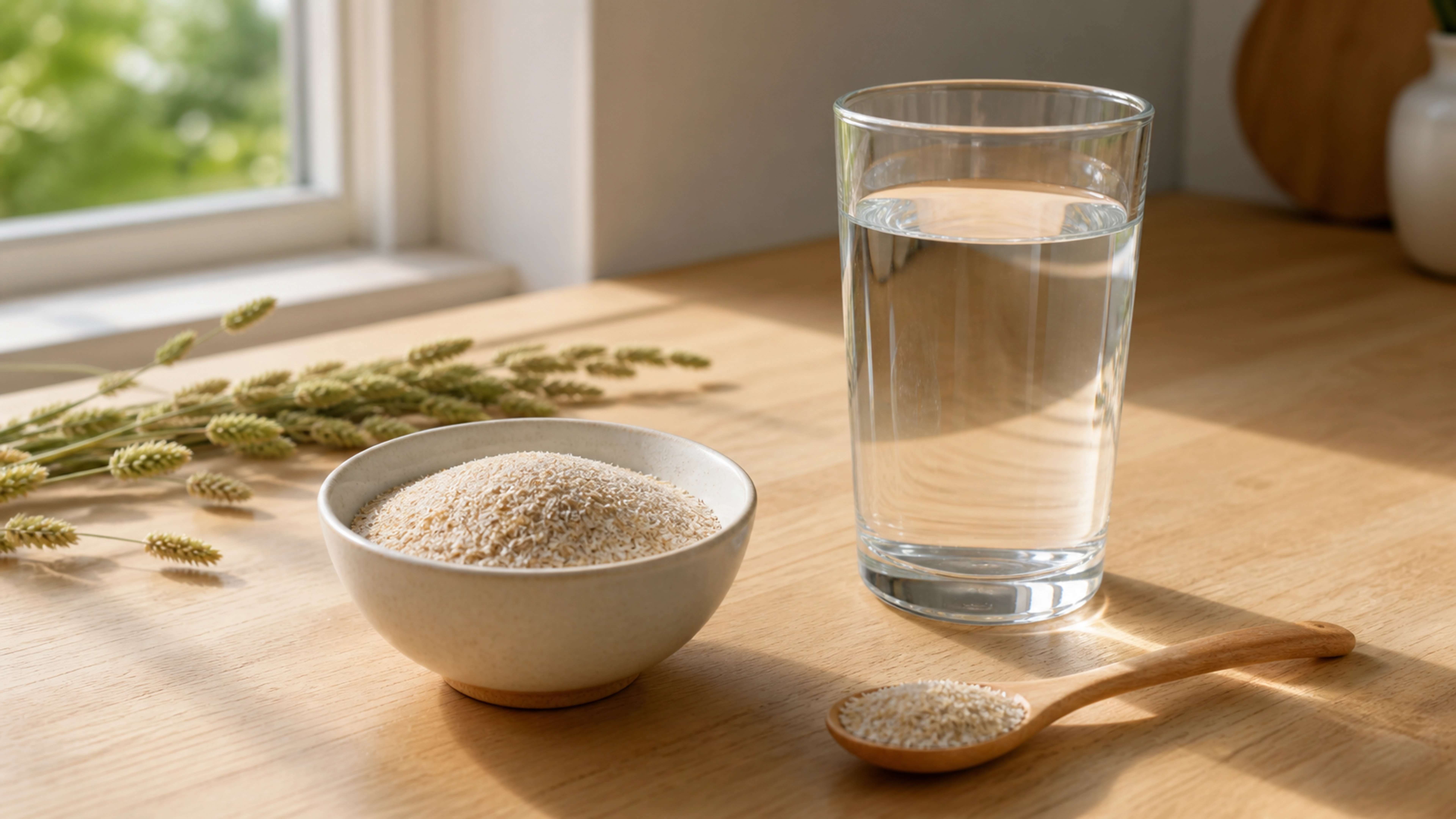 Bol de fibres d’ispaghul accompagné d’un verre d’eau sur une table en bois