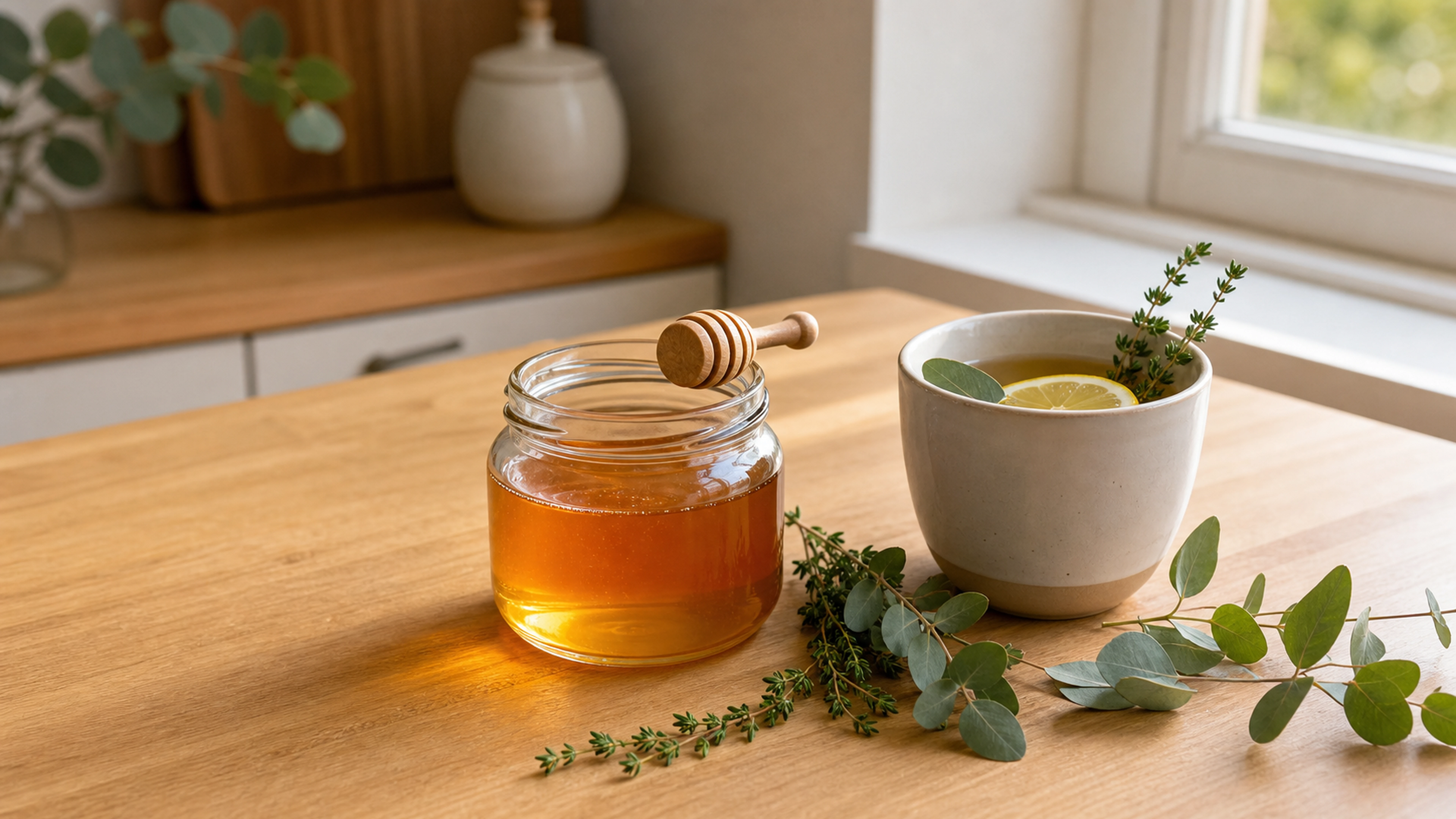 Pot de miel, infusion au citron, thym et feuilles d’eucalyptus sur une table en bois