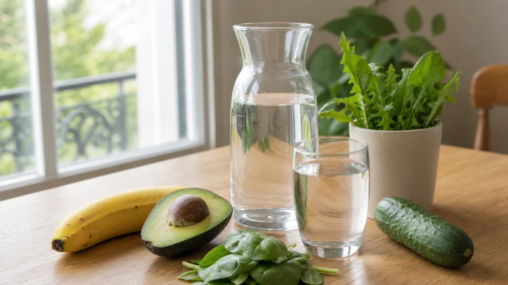 Carafe et verre d’eau entourés de banane, avocat, concombre et feuilles vertes sur une table