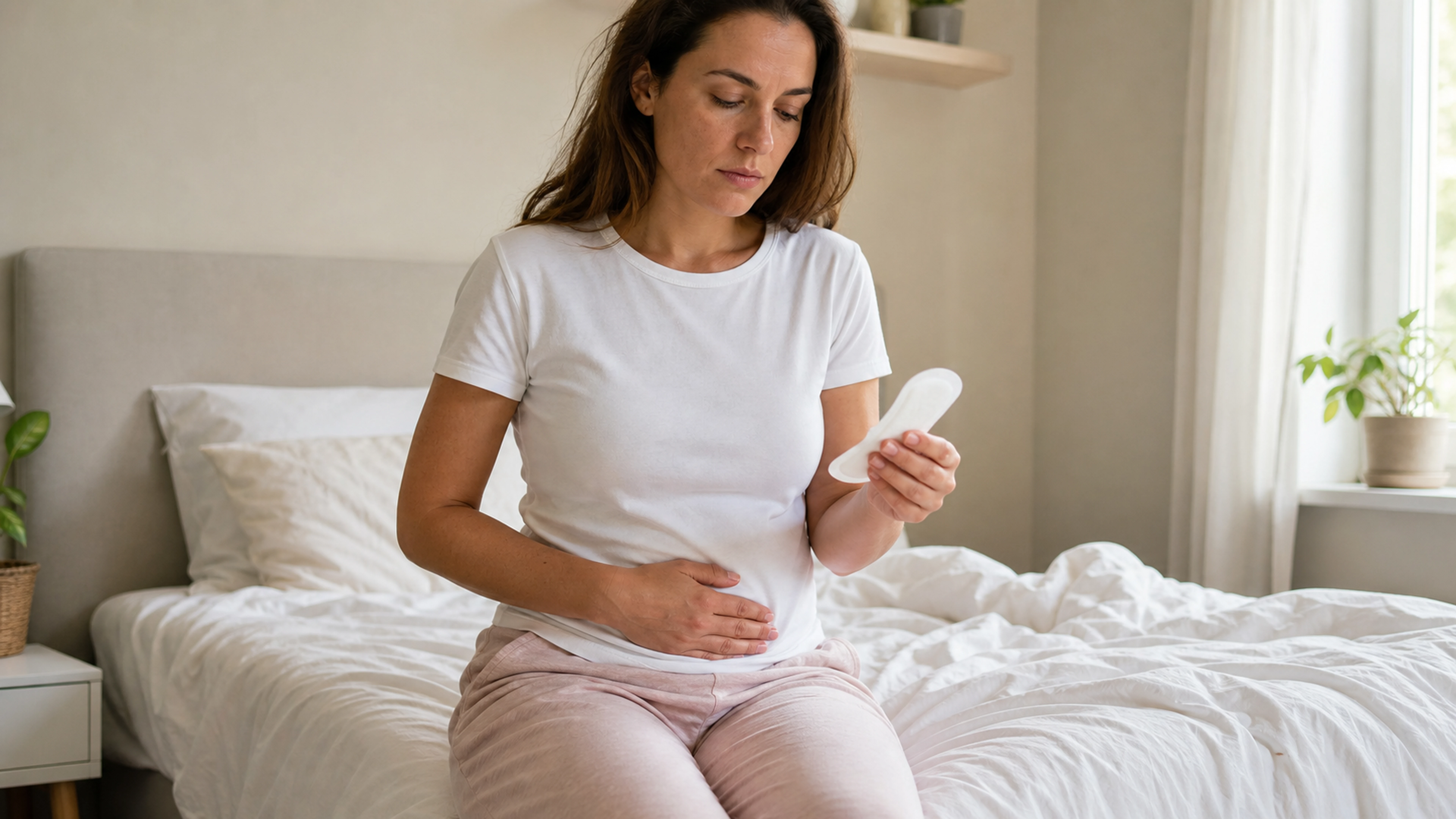 Femme assise sur son lit tenant une protection hygiénique et posant une main sur le bas-ventre