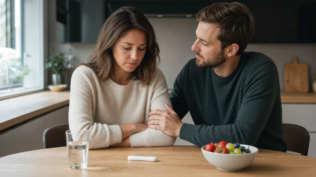 Couple échangeant calmement à une table au tout début d’une grossesse