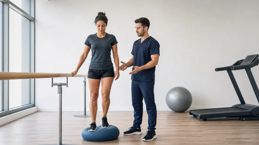Kinésithérapeute guidant une patiente lors d’un exercice d’équilibre en cabinet