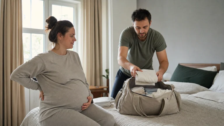 Femme enceinte à terme et son partenaire préparant une valise de maternité dans une chambre