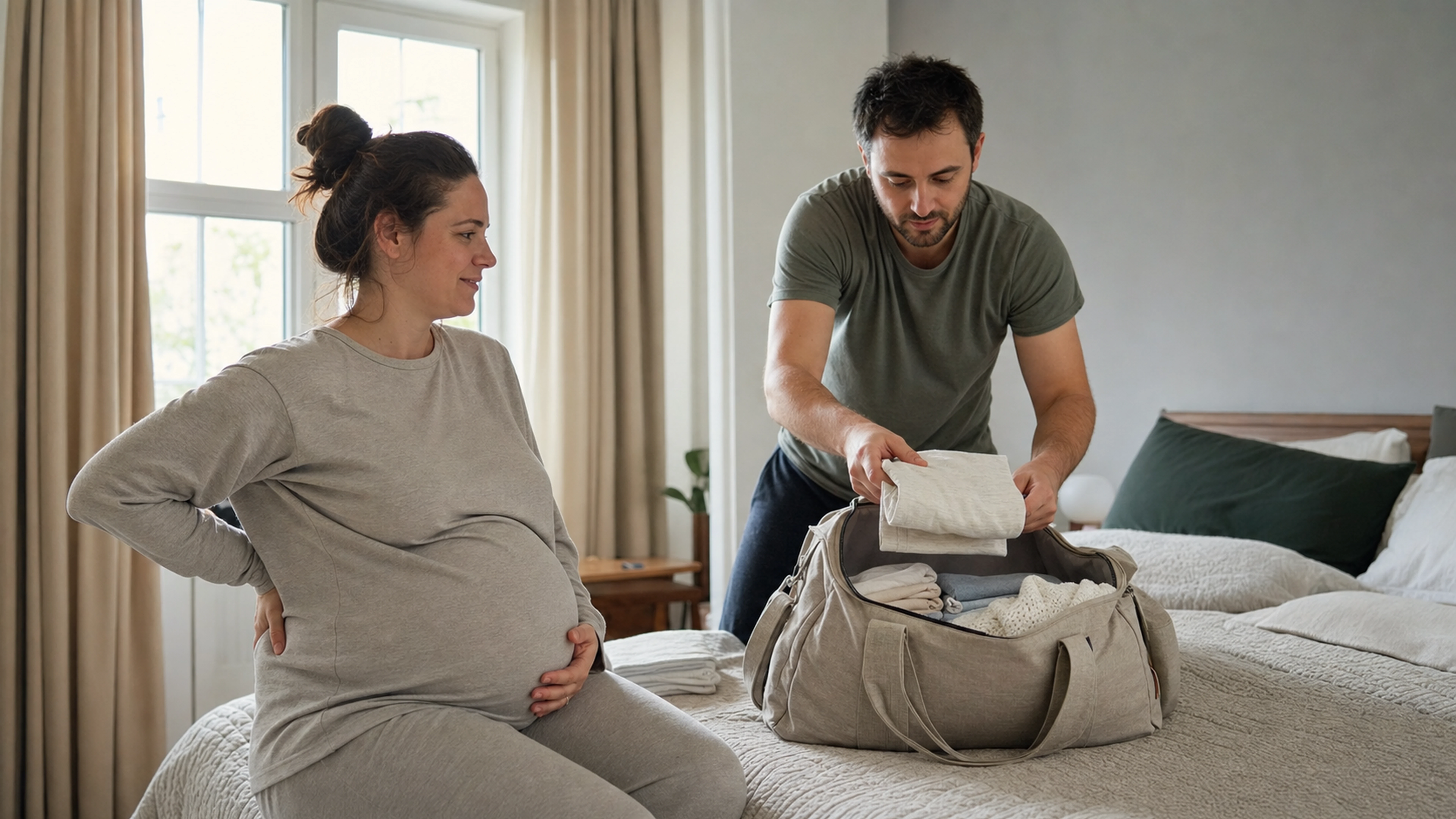 Femme enceinte à terme et son partenaire préparant une valise de maternité dans une chambre
