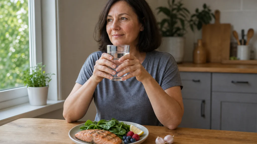 Femme tenant un verre d’eau devant un repas de saumon et d’épinards