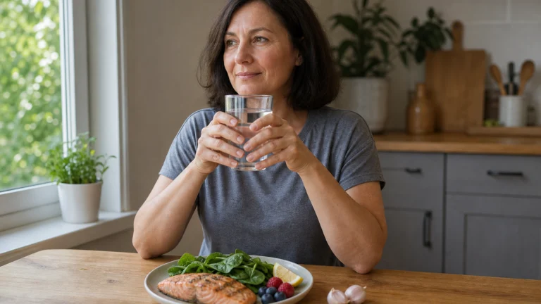 Femme tenant un verre d’eau devant un repas de saumon et d’épinards