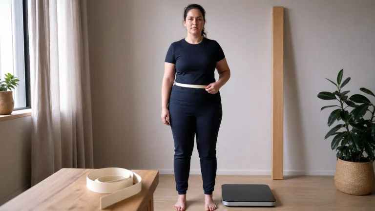Adulte mesurant son tour de taille près d’une balance et d’une toise