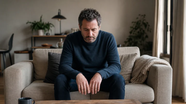 Homme assis dans son salon marquant une pause face au stress quotidien
