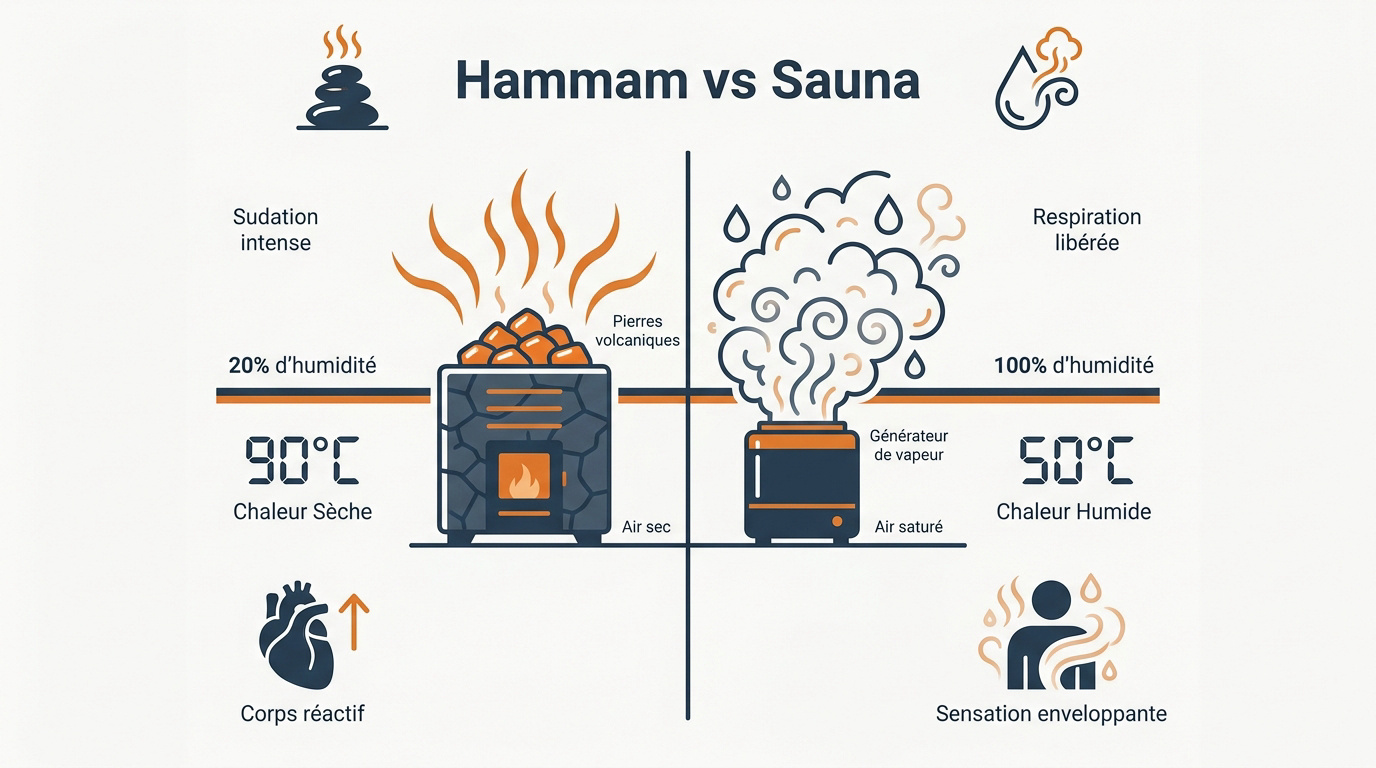 Comparaison visuelle entre l'ambiance boisée du sauna et la vapeur du hammam
