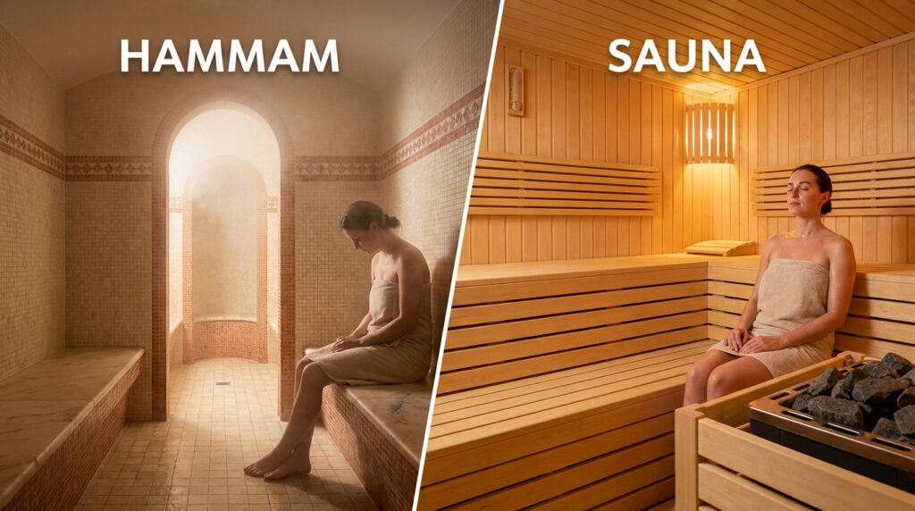 Comparaison visuelle entre un hammam carrelé et humide, et un sauna en bois sec et chaleureux avec une femme relaxée.