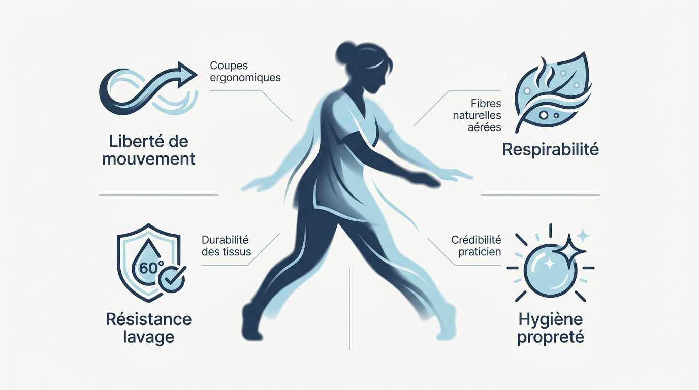 Infographie présentant les caractéristiques d'une tenue de massage professionnelle confortable et respirante