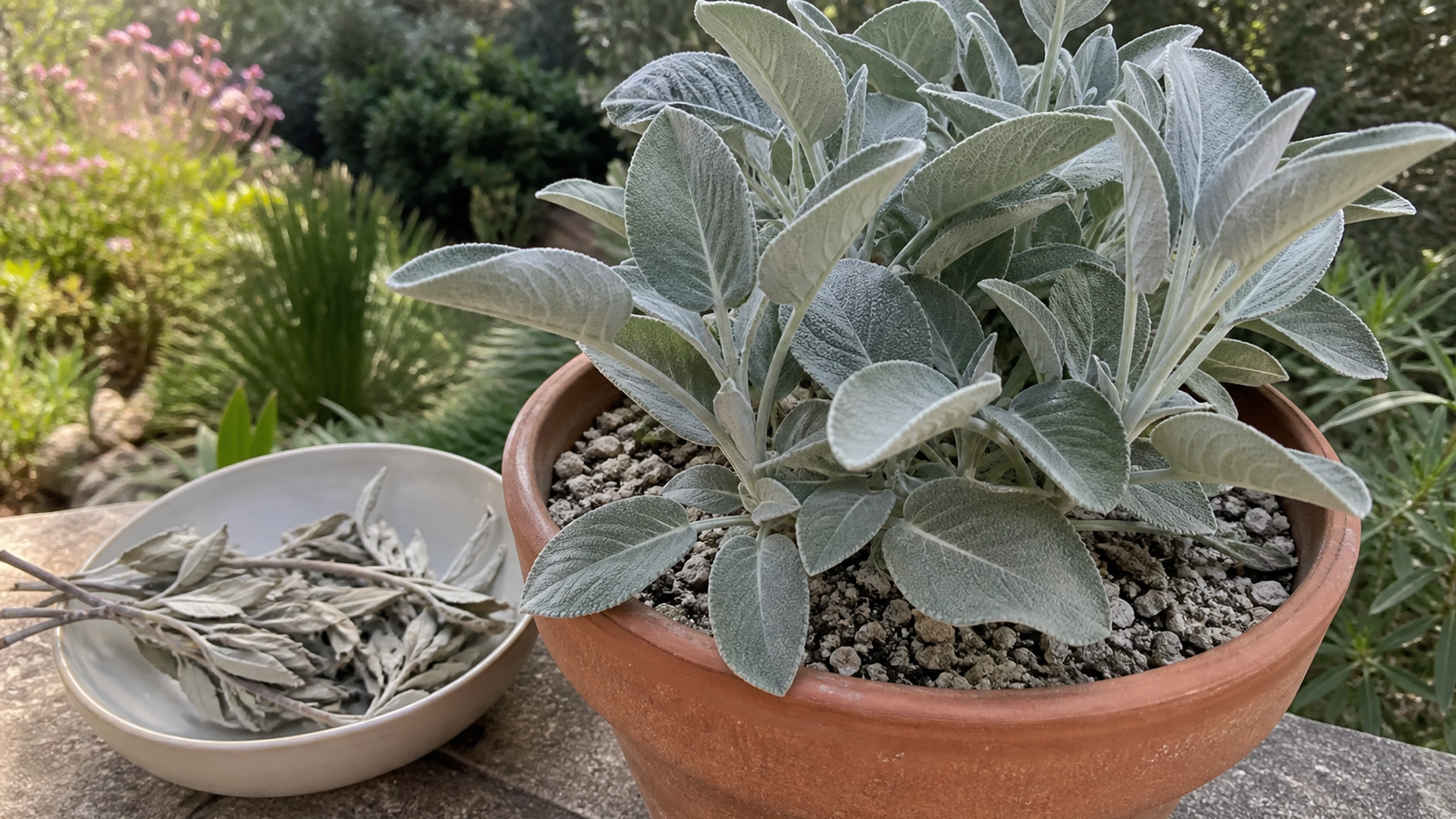 Plant de sauge blanche aux feuilles argentées dans un pot en terre cuite, avec quelques rameaux séchés