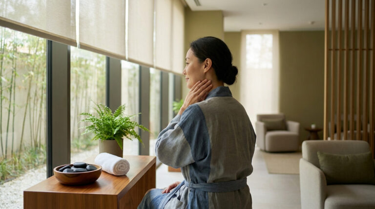 Femme en peignoir se relaxant dans un spa zen avec vue sur une bambouseraie.