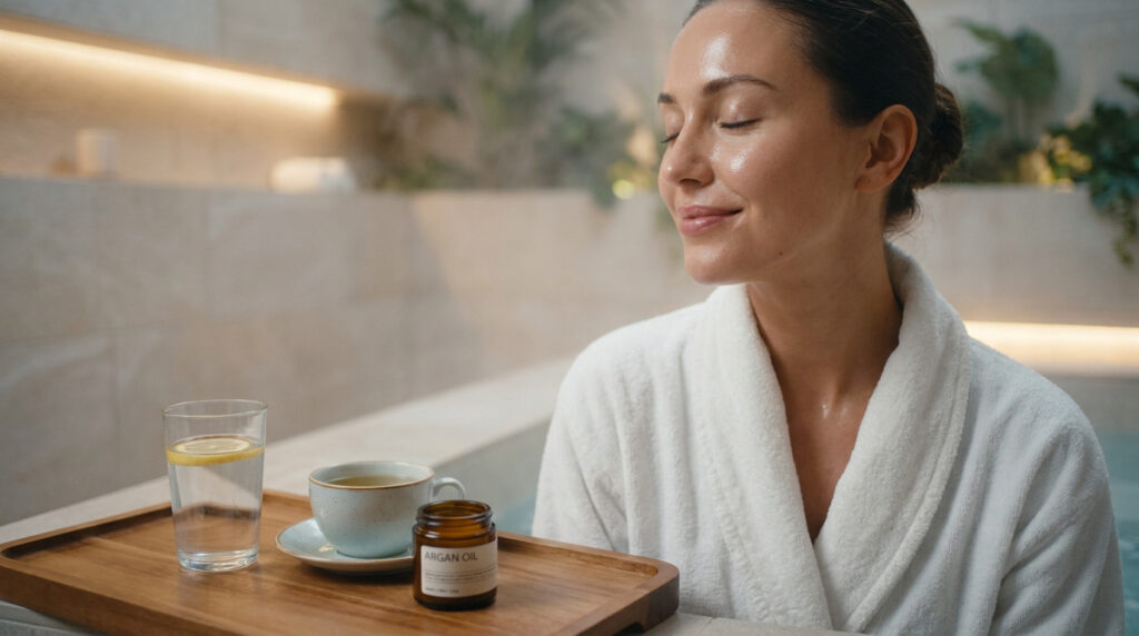 Femme en peignoir se relaxant avec de l'huile d'argan, de l'eau citronnée et du thé après un hammam.