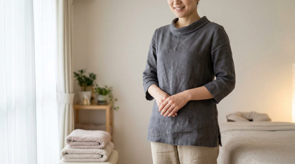 Une masseuse souriante portant une tunique grise confortable dans un cabinet de massage apaisant.