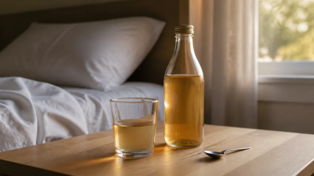 Illustration éditoriale pour l’article « Vinaigre de cidre au coucher : bienfaits et mode d'emploi »
