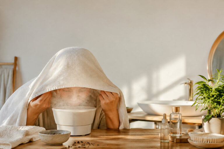 Une femme se fait un sauna facial à la maison avec une serviette sur la tête au-dessus d'un appareil à vapeur.