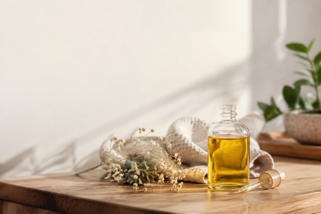 Flacon d'huile de massage sur une table en bois avec une serviette et des fleurs séchées dans une lumière douce.
