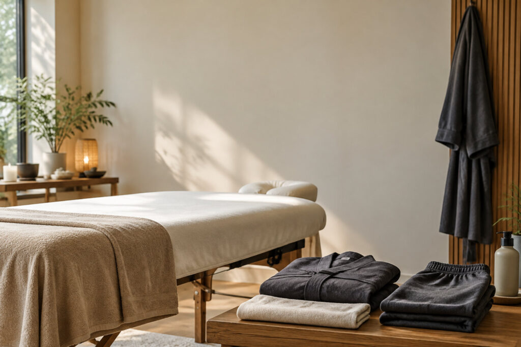 Table de massage dans une salle zen avec peignoirs pliés et lumière douce.