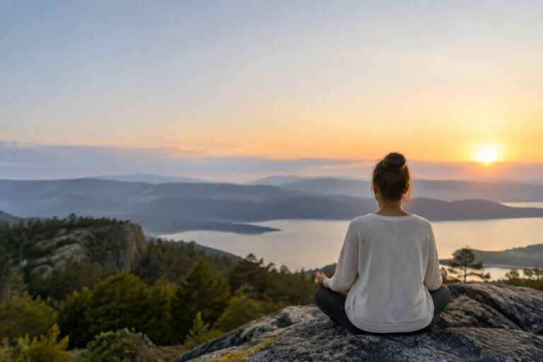 Une femme méditant en tailleur sur un rocher face à un lac et des montagnes au coucher du soleil.