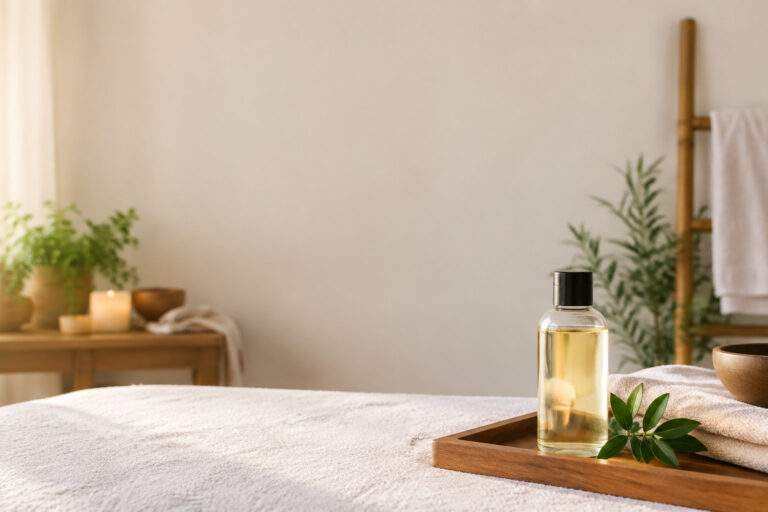 Flacon d'huile de massage sur un plateau en bois posé sur une table de massage dans une atmosphère relaxante.