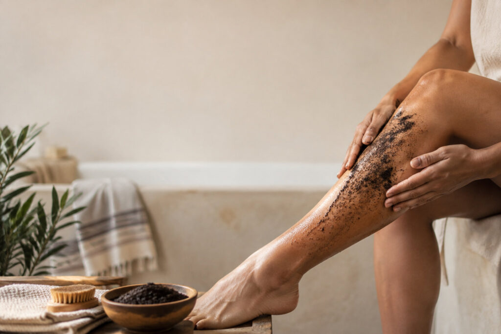 Une femme s'applique un gommage au marc de café sur la jambe dans une salle de bain zen.
