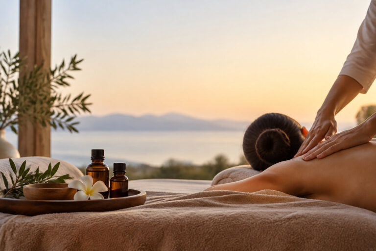 Une personne reçoit un massage relaxant au coucher du soleil avec des huiles essentielles face à une vue panoramique.