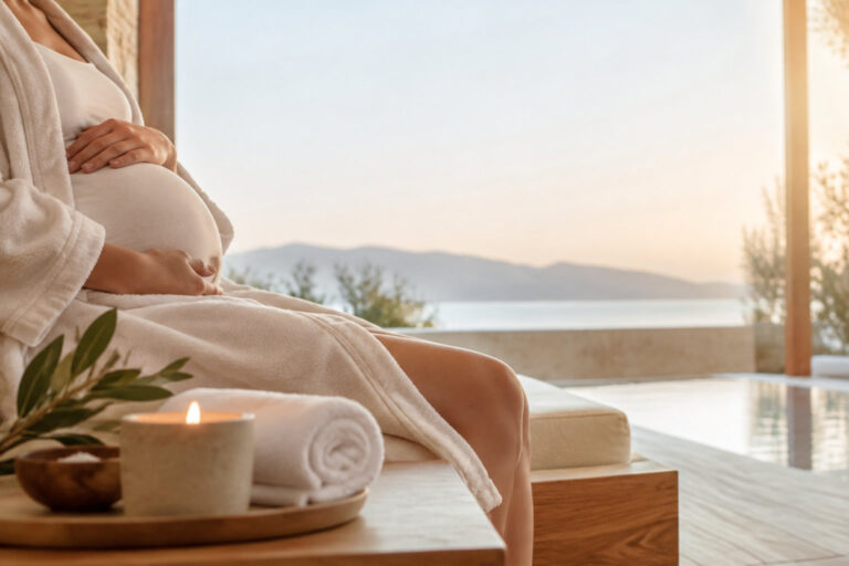 Une femme enceinte en peignoir blanc se détend avec vue sur une piscine et des montagnes au soleil couchant.