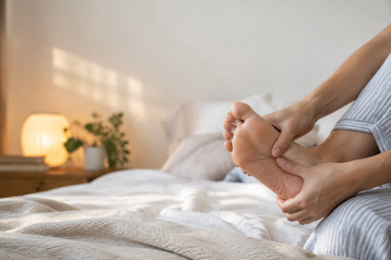 Gros plan sur des mains massant doucement la plante d'un pied nu dans une chambre apaisante.