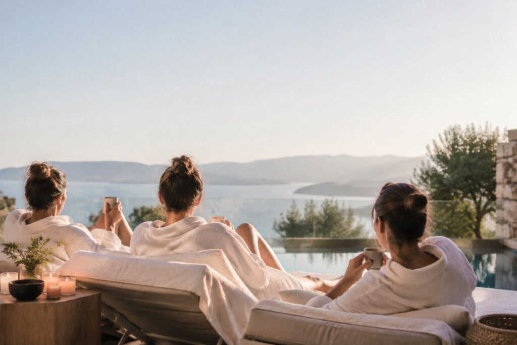 Trois femmes en peignoirs blancs se détendent sur des chaises longues face à une vue panoramique sur la mer au coucher.