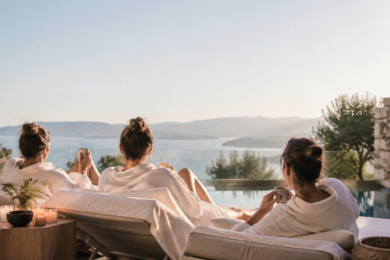 Trois femmes en peignoirs blancs se détendent sur des chaises longues face à une vue panoramique sur la mer au coucher.