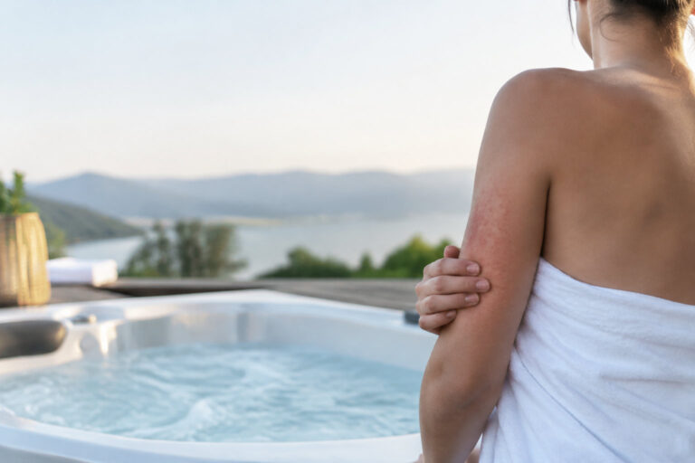 Une femme enveloppée dans une serviette blanche, près d'un spa, examine une éruption cutanée rouge sur son bras.