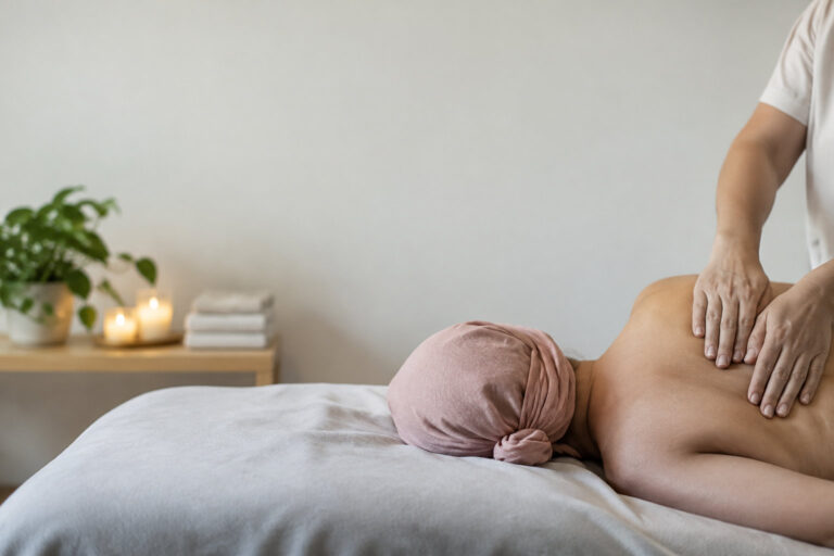 Une personne atteinte d'un cancer reçoit un massage relaxant sur le dos dans une atmosphère apaisante.