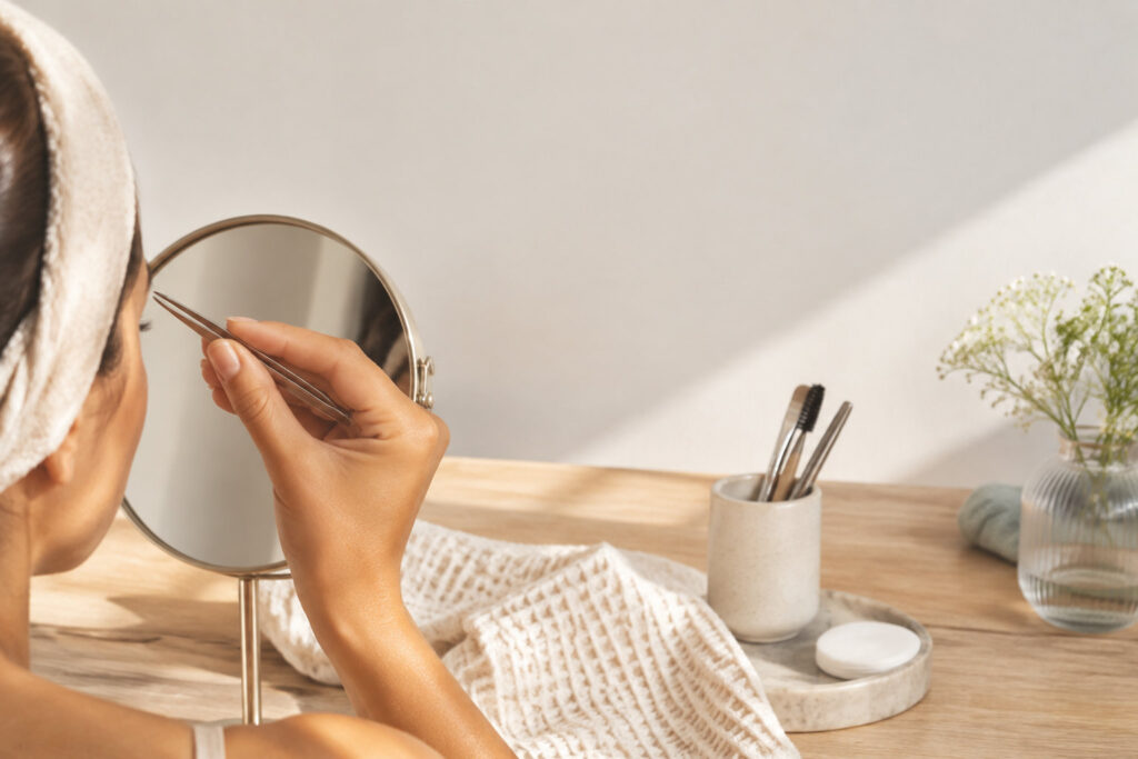 Une femme utilisant une pince à épiler devant un miroir pour entretenir ses sourcils.