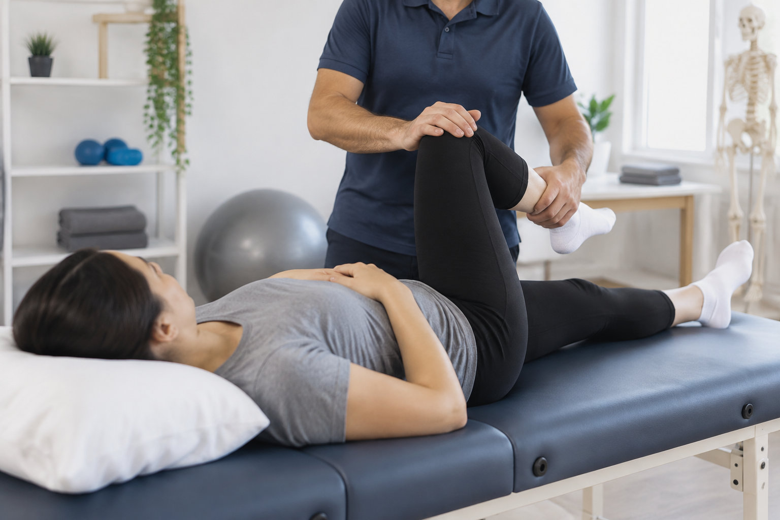 Une femme allongée sur une table de soin reçoit un étirement de la jambe par un thérapeute dans un cabinet de physiothérapie.