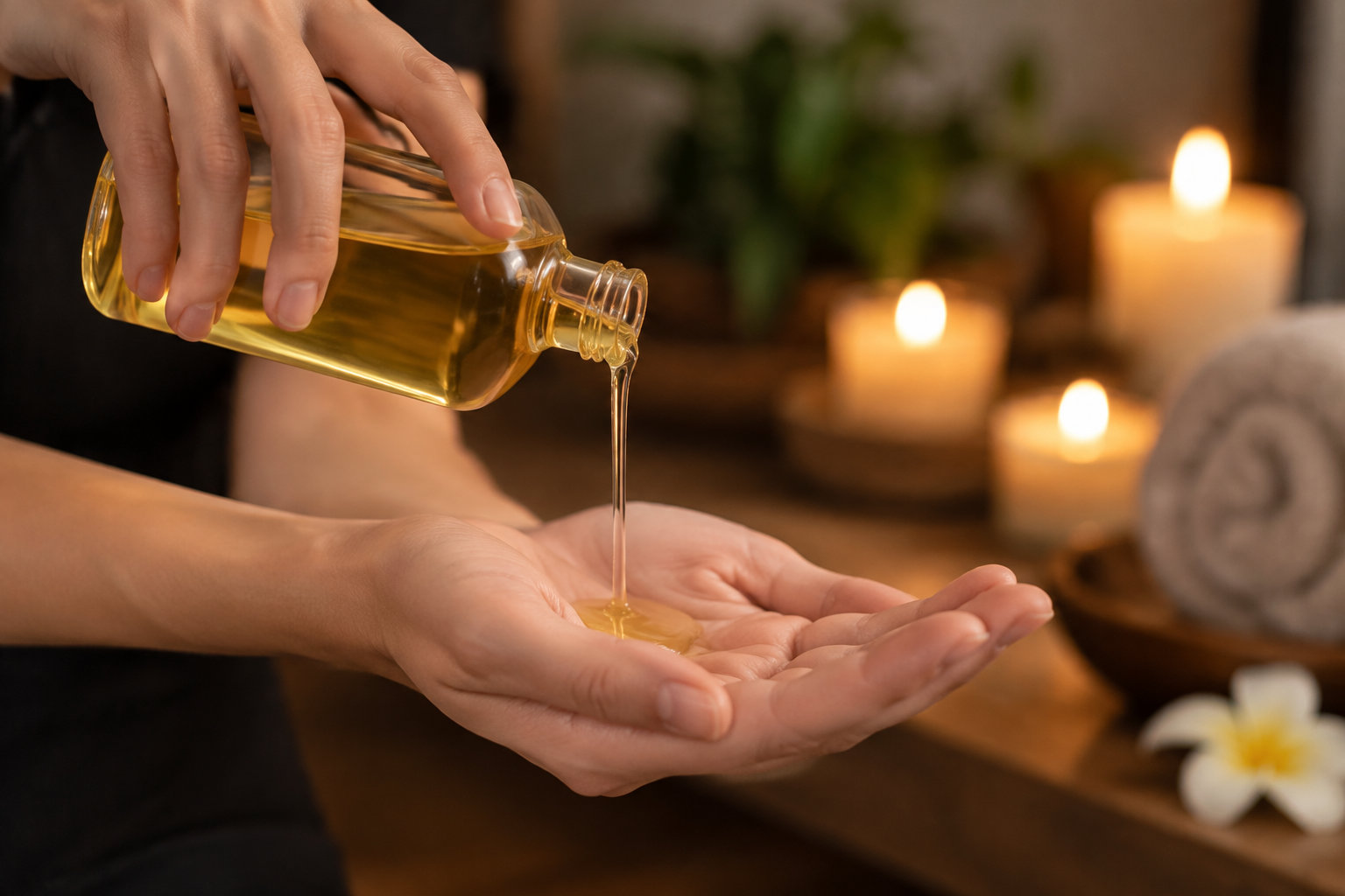Une personne verse une huile dorée d’un flacon dans sa paume, dans une pièce éclairée par des bougies, avec une fleur blanche posée à proximité.