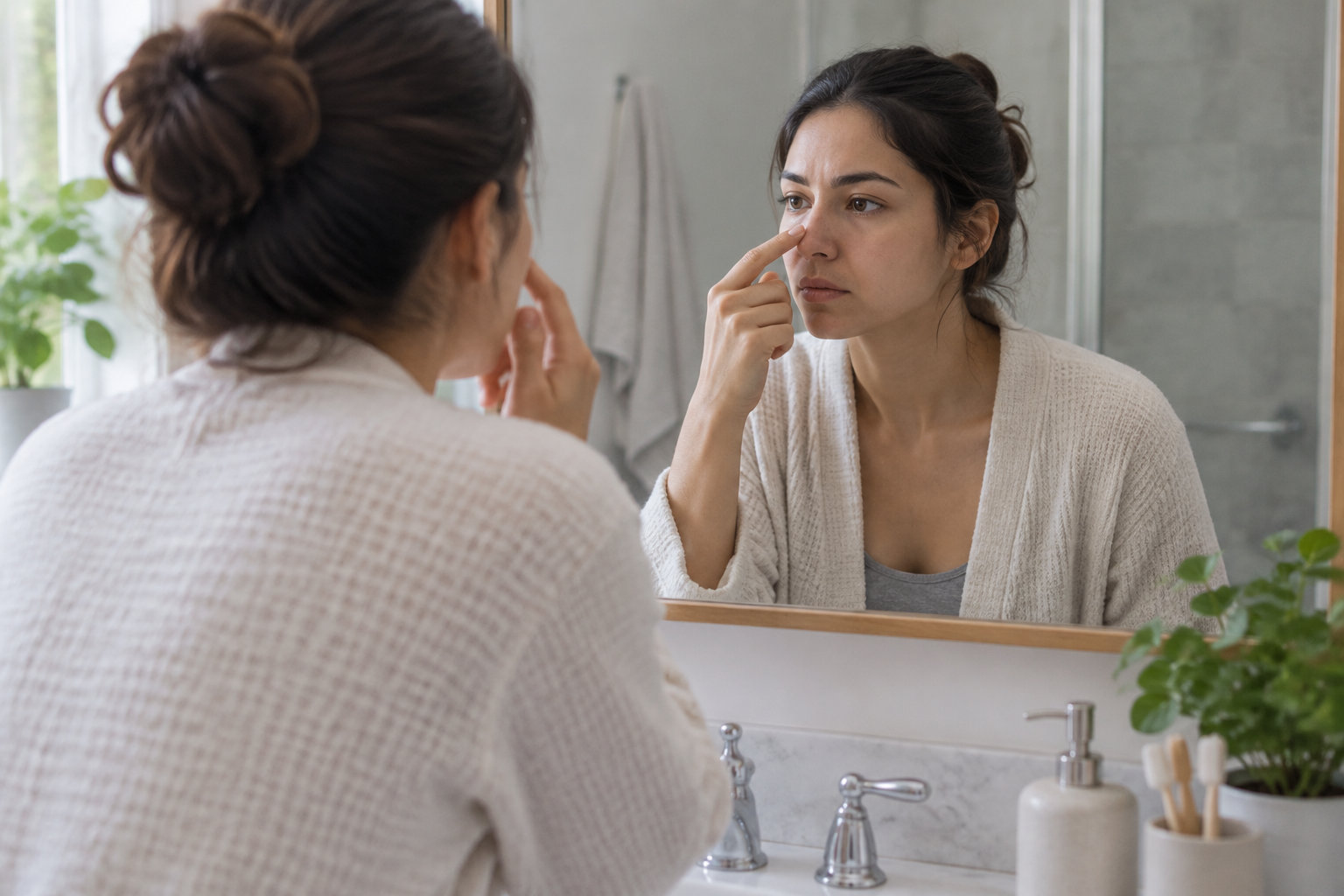 Une femme en peignoir se regarde dans le miroir et touche le côté de son nez dans une salle de bains.