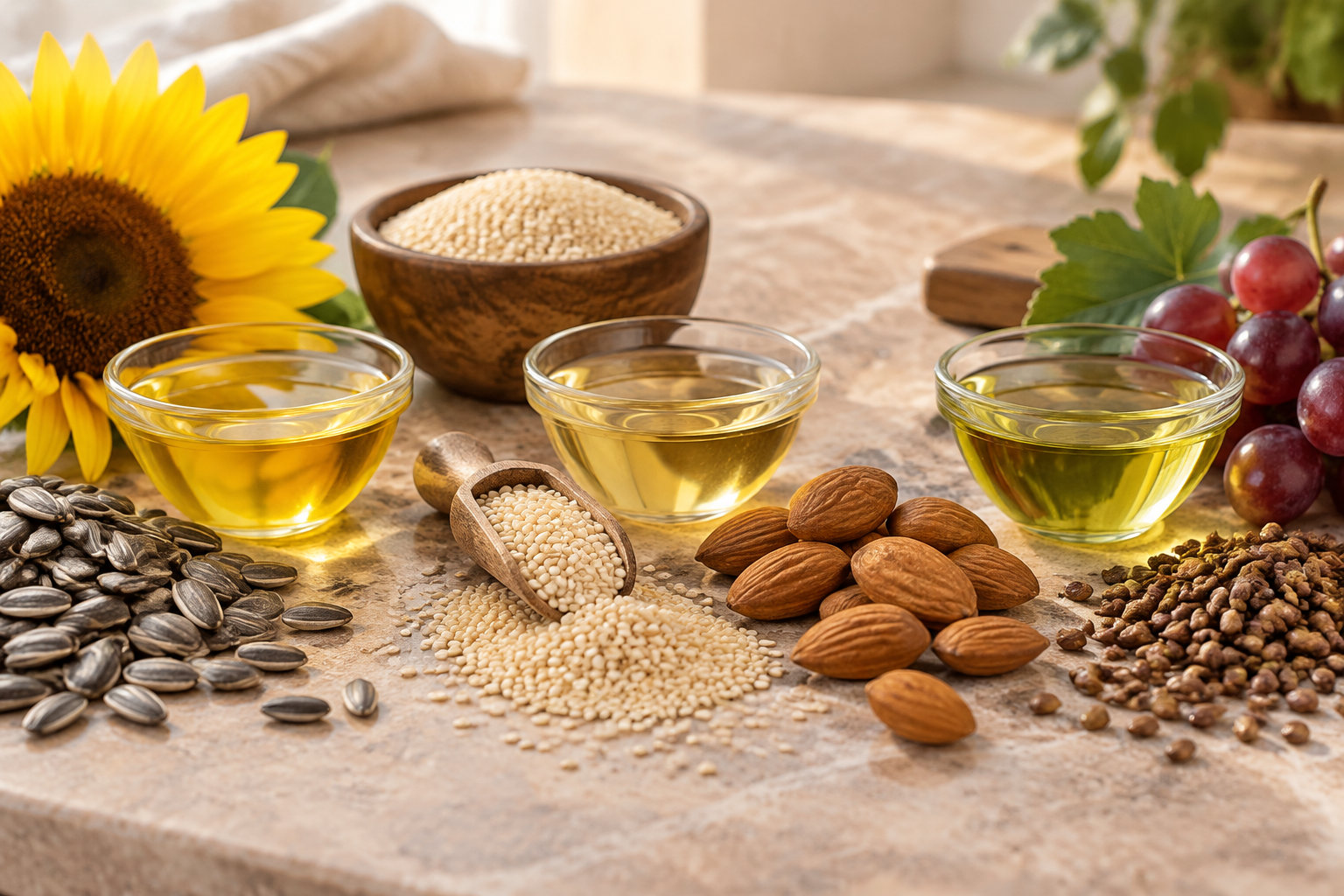 Trois bols en verre remplis d’huiles dorées sont disposés sur une table avec des graines, des amandes, un tournesol et des raisins.