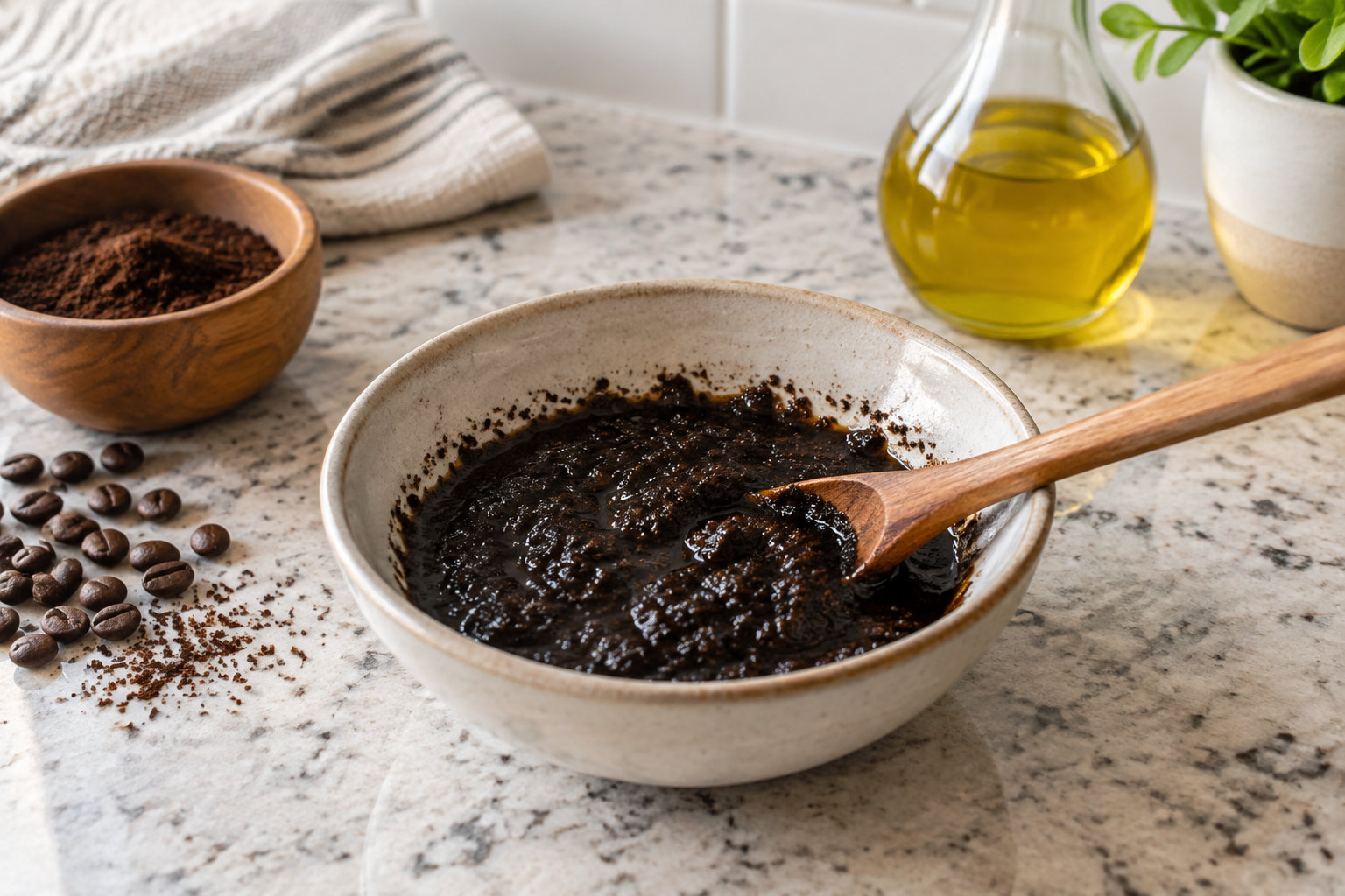 Un bol de pâte sombre à base de café est mélangé avec une cuillère en bois, près de grains et de café moulu, d’un récipient d’huile et d’une plante.