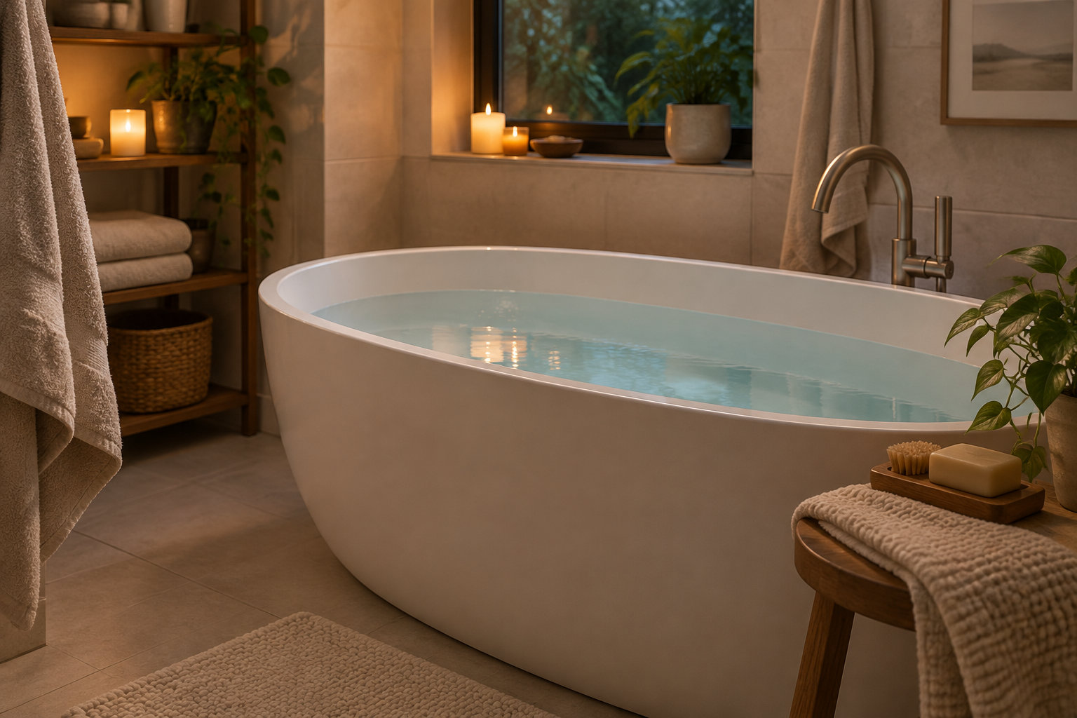 Une baignoire îlot remplie d’eau se trouve dans une salle de bain chaleureuse décorée de bougies, de plantes et de serviettes.