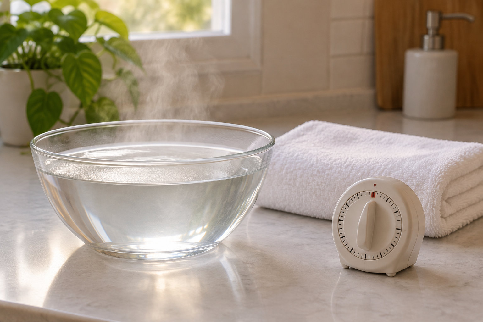 Un bol en verre rempli d’eau chaude dégage de la vapeur, à côté d’un minuteur et de serviettes blanches sur un comptoir de salle de bain.